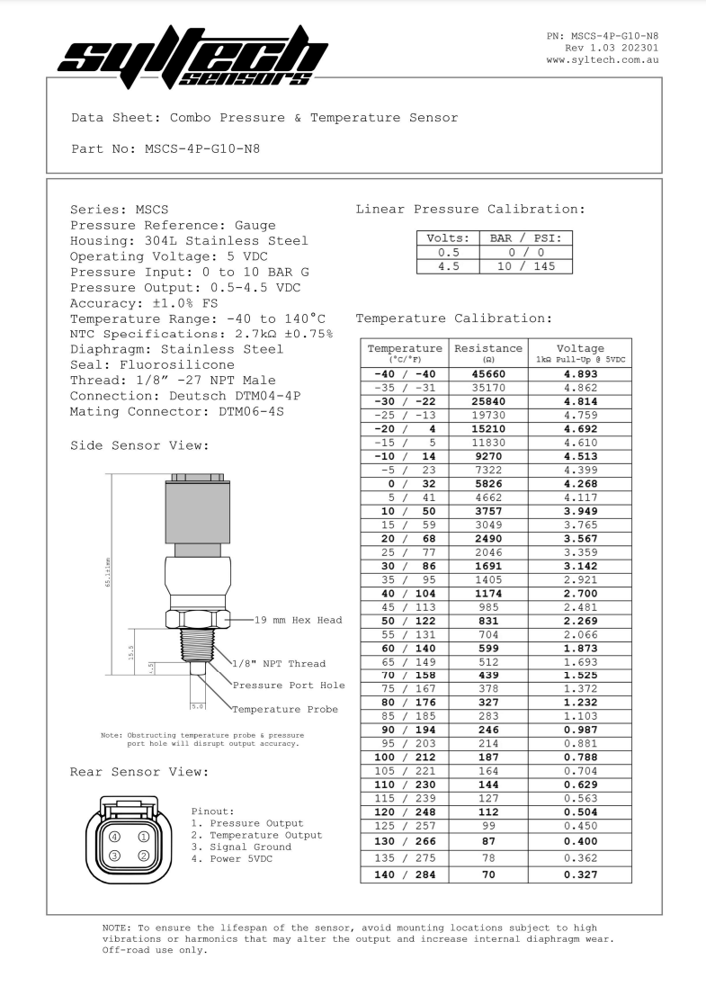 Oil Pressure and Temperature gauge - Syltech combined pressure/temperature sensor
